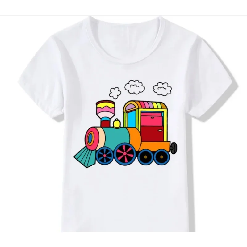 Children'S Tshirt Cute Little Train Cartoon Print for Children Birthday Clothing Summer Casual Boy Clothes White Shir