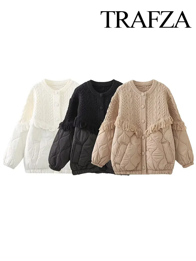 

TRAFZA Winter Women's Tassel Decorated Knitted Splicing Cotton Coat Fashionable Long Sleeve Button Loose Women's Cotton Coat