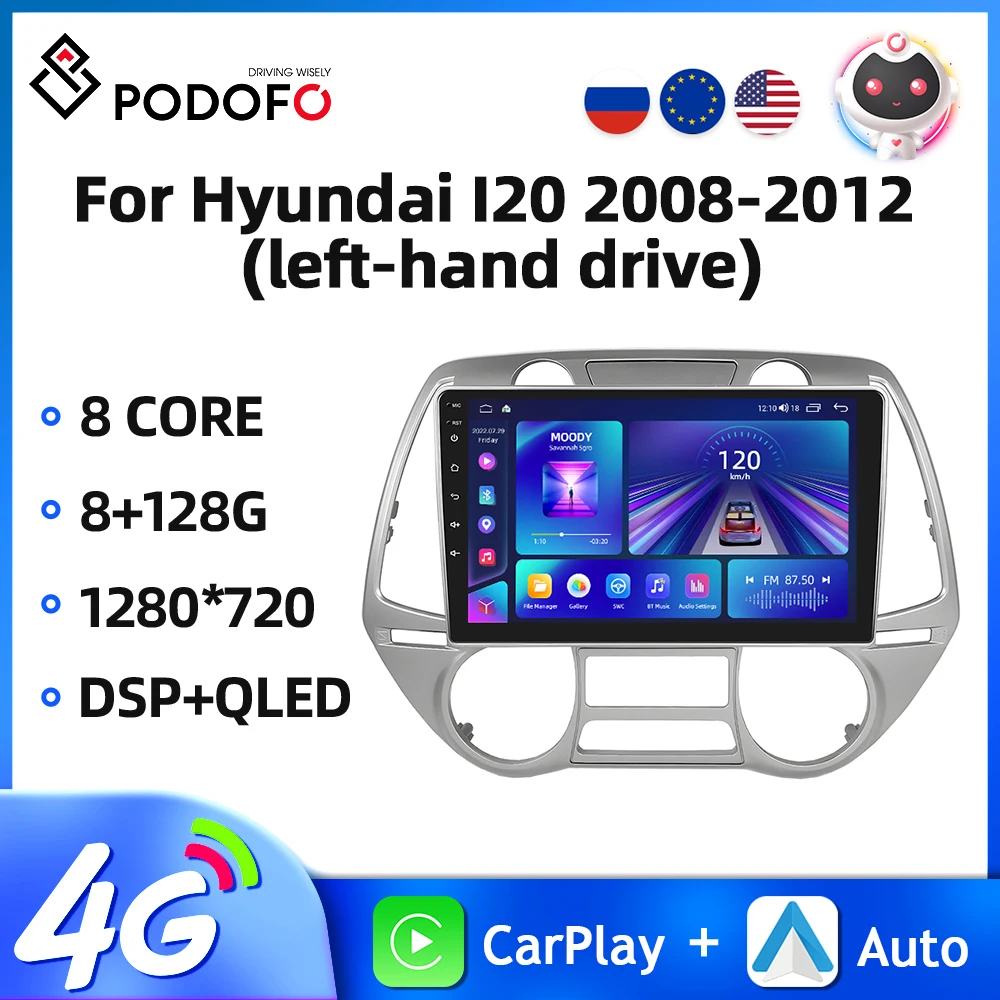 

Podofo Android 9'' Car Radio For Hyundai I20 2008-2012 Multimedia Player Carplay Andriod Auto AI Voice 8+128G 2Din Car Player