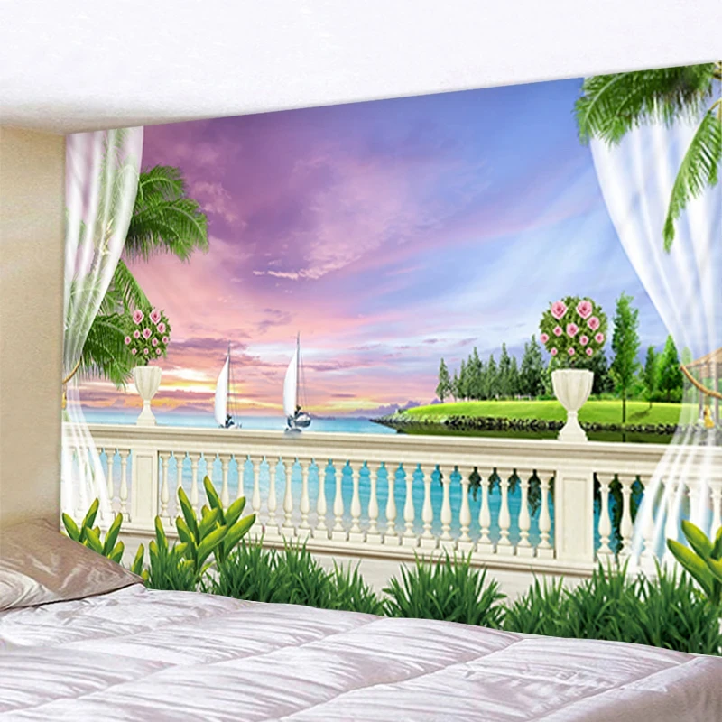 Tropical Seaside Tapestry Nature Landscape Tapestry Summer Seashore Palm Trees Wall Hanging for Living Room Dorm Office Decor