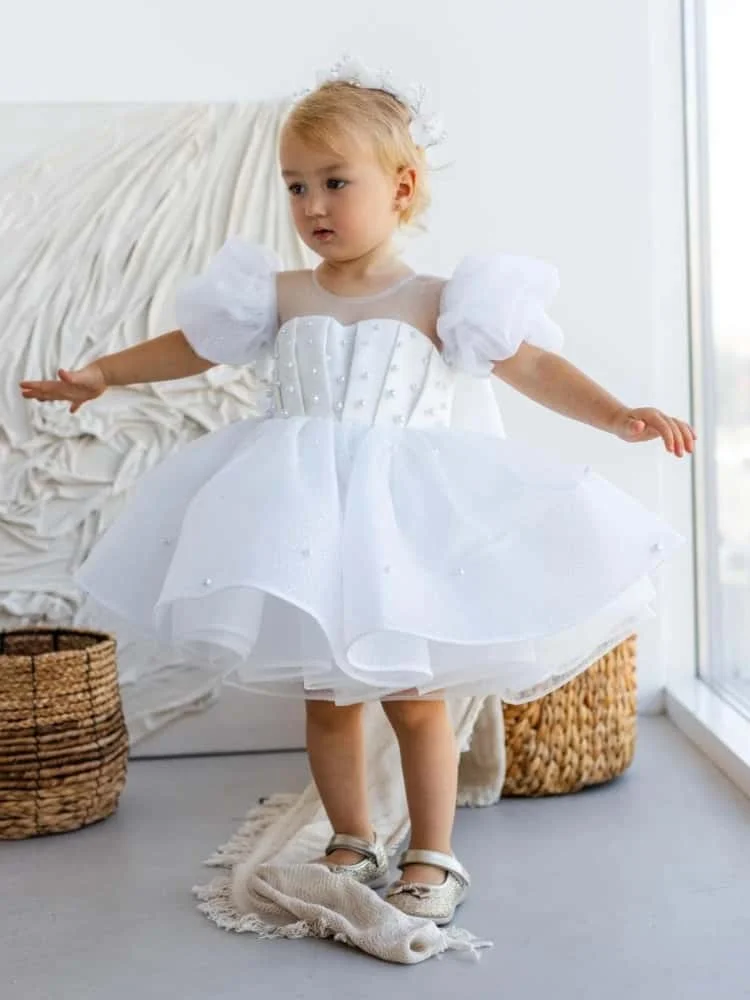 Custom Flower Girl Dress Puff Short Sleeves Pearl Decor Large Back Bow For First Birthday,Portrait Shooting,Wedding