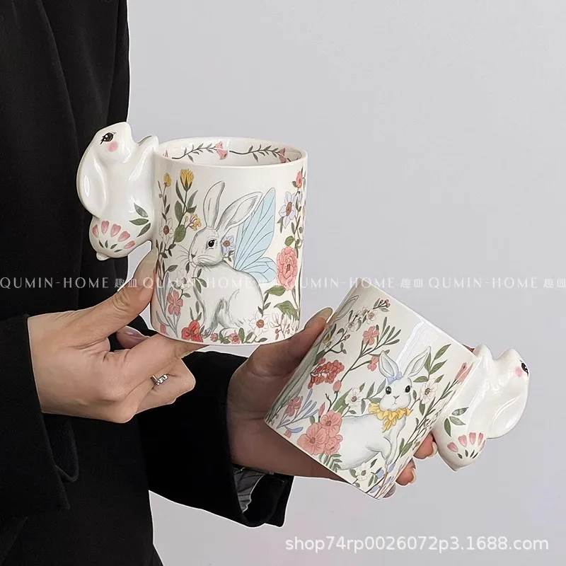 2Pcs Mid-Autumn Festival gift mug cartoon flower rabbit ear cup ceramic cup couple water cup souvenir gift high value