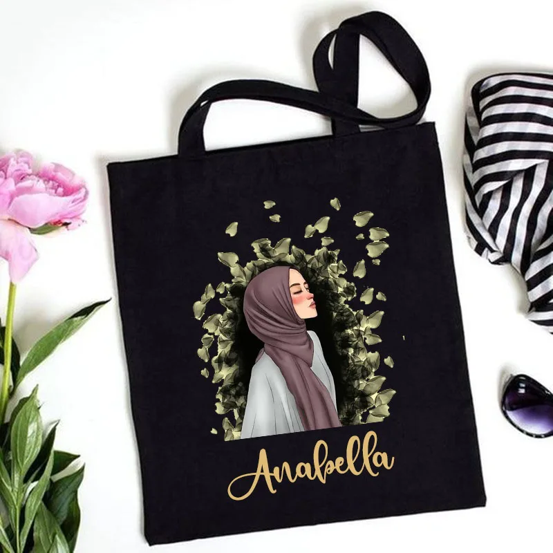 Personalised Hijabi Girl Shoulder Bag Female Travel Canvas Bags Muslim Girls Gifts Custom Name Handbag Harajuku Totes Eid Gifts