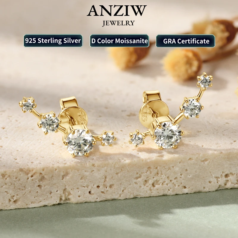 

Anziw 18K Gold Plated 925 Silver D0.56CT Round VVS1 Moissanite Curved Stud Earrings Piercing for Women Men Gift 2024 New Jewel