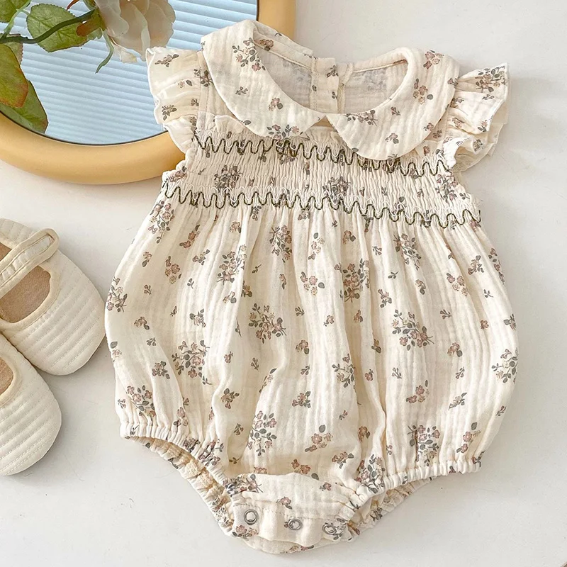 2024 New Summer 0-24M Baby Girl Clothing Infant Baby Girls Bodysuits Flying Sleeve Cotton Floral Printing Toddler Baby Jumpsuit