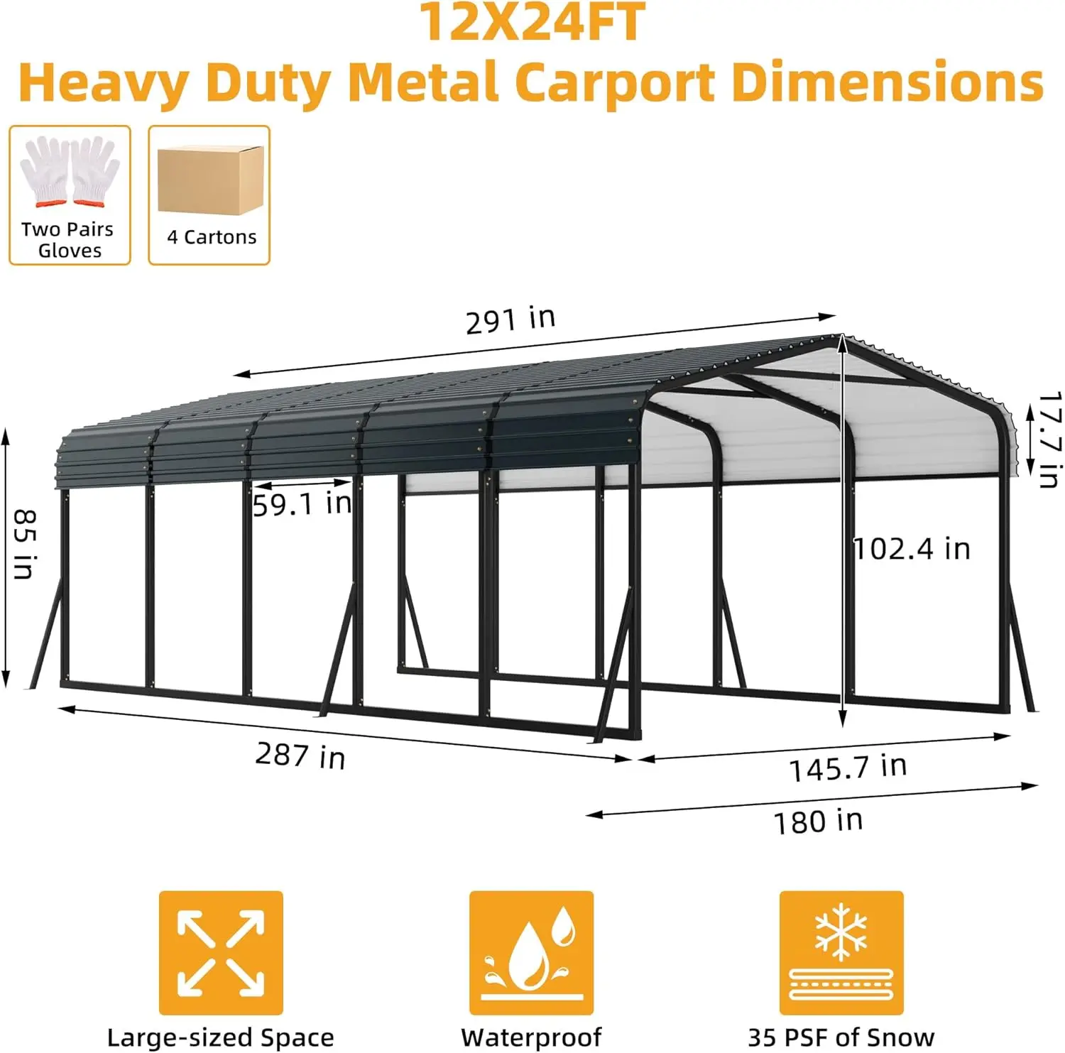 12 X 24 Ft Metal Carport With Galvanized Steel Roof, Heavy Duty Metal Roof Carport With Enhanced Base, Tall Metal Carport Kits