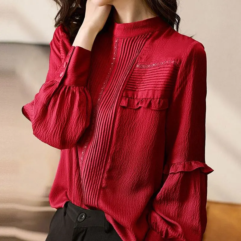 Women\'s Clothing Casual Stand Collar Shirt Fashion Ruffles Spliced Spring Autumn Solid Color Basic Pleated Long Sleeve Blouse