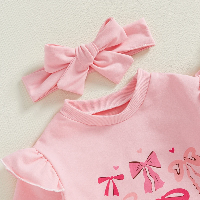 Baby Mädchen Sweatshirt Strampler Schleife Aufdruck Langarm Overalls und süßes Stirnband für Kleinkinder