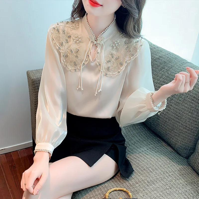 #2576 Beige Vintage Blouse Women Stand Collar Pearls Hollow Out France Style Long Sleeve Blouse Female Embroidery Spring Autumn