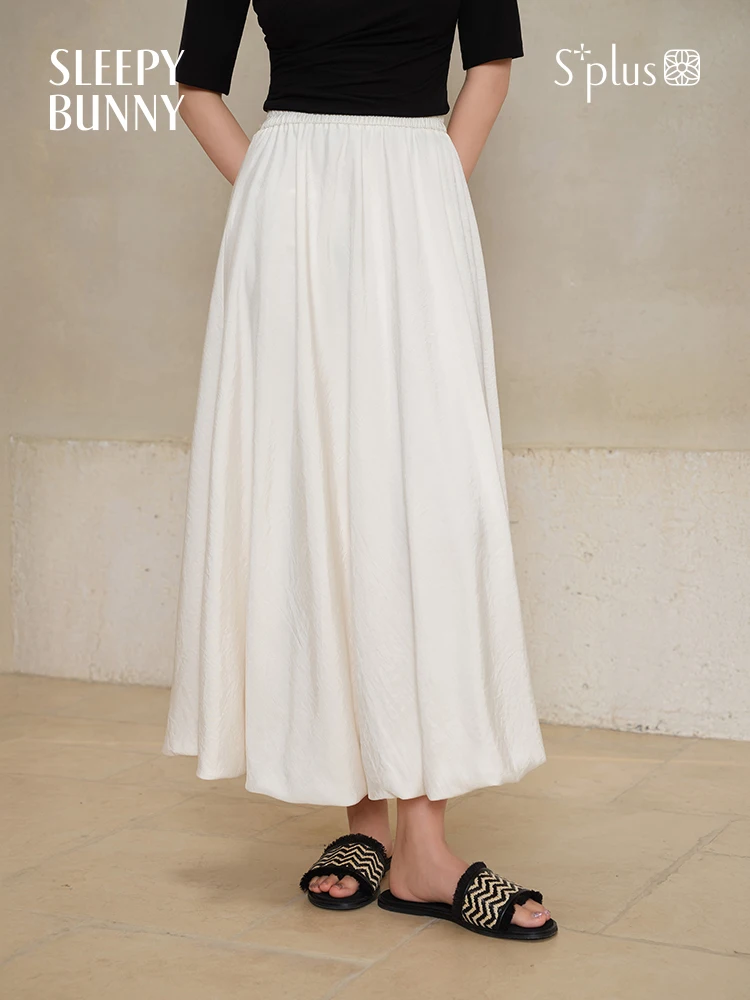 

Cloud Bubble Hem A-Line Midi Skirt Women Summer High Waist Elastic Waistband Flowy Skirt Slimming Hip-Covering Chic Bottoms