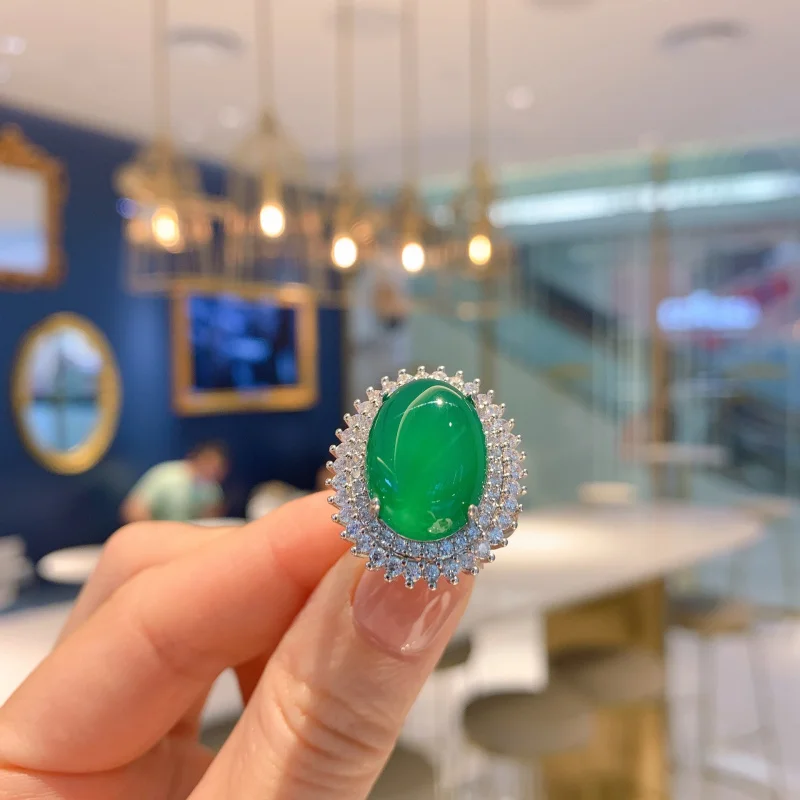 Jewelry Ice-like Fluorescent Denier-Shaped Chalcedony Hanging Ring Women's Elegant Birthday Gift Wholesale 13*18