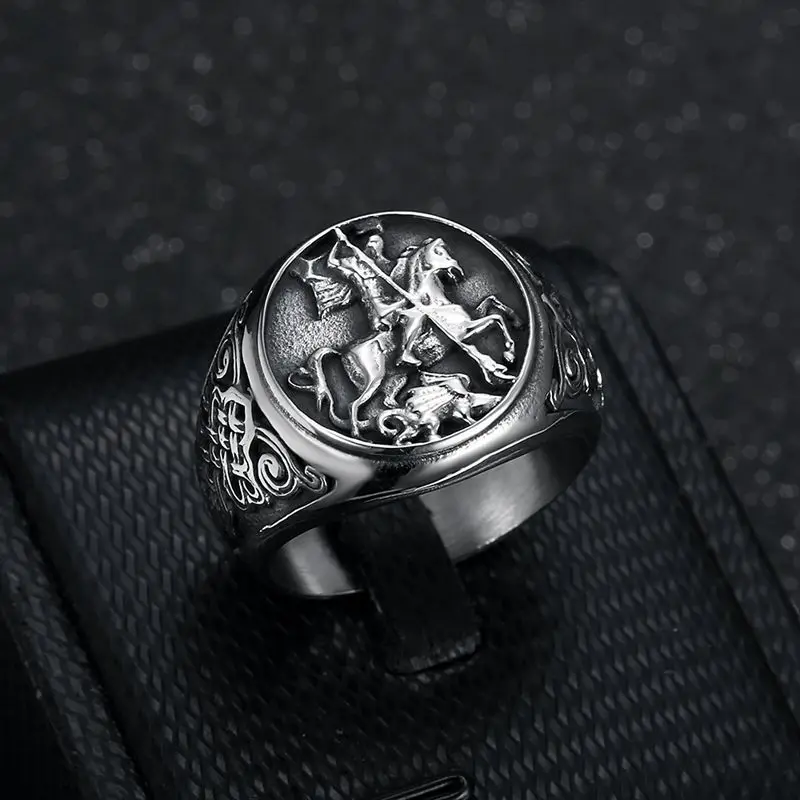 Megin D acciaio inossidabile titanio Hip Hop Punk Knight Saint George e the Dragon Band Rings for Men Women Gift Fashion Jewelry