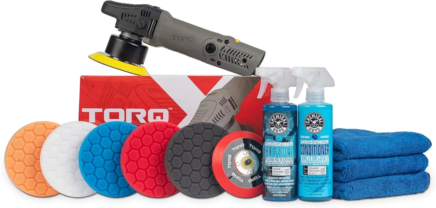 Guys BUF_209X TORQX Random Orbital Polisher, Complete Detailing Kit with Pads, Pad Cleaner & Conditioner, Towels (Safe for Cars,