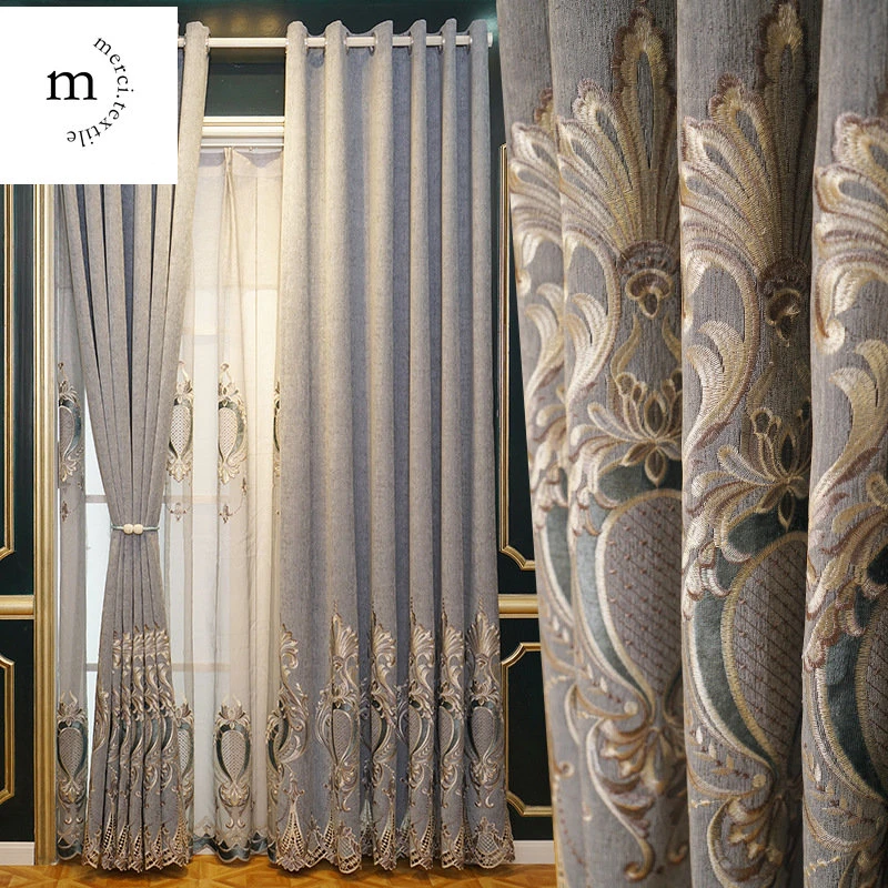 

European Style Luxury Chenille Curtains for Living Room Bedroom Dining High Blackout Hollow Embroidered Window Drape Custom Size