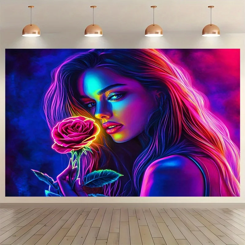 Neon Girl Tapestry, Cyberpunk Rose Wall Hanging, Trippy Glow Art Dorm Decor, Colorful Bedroom Blanket for Girls Room