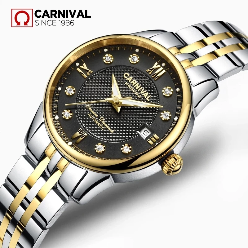 CARNIVAL Luxury Mechanical Watch for Women Brands Ladies Rose Gold Silver Automatic Movement Wristwatches Waterproof Reloj Mujer