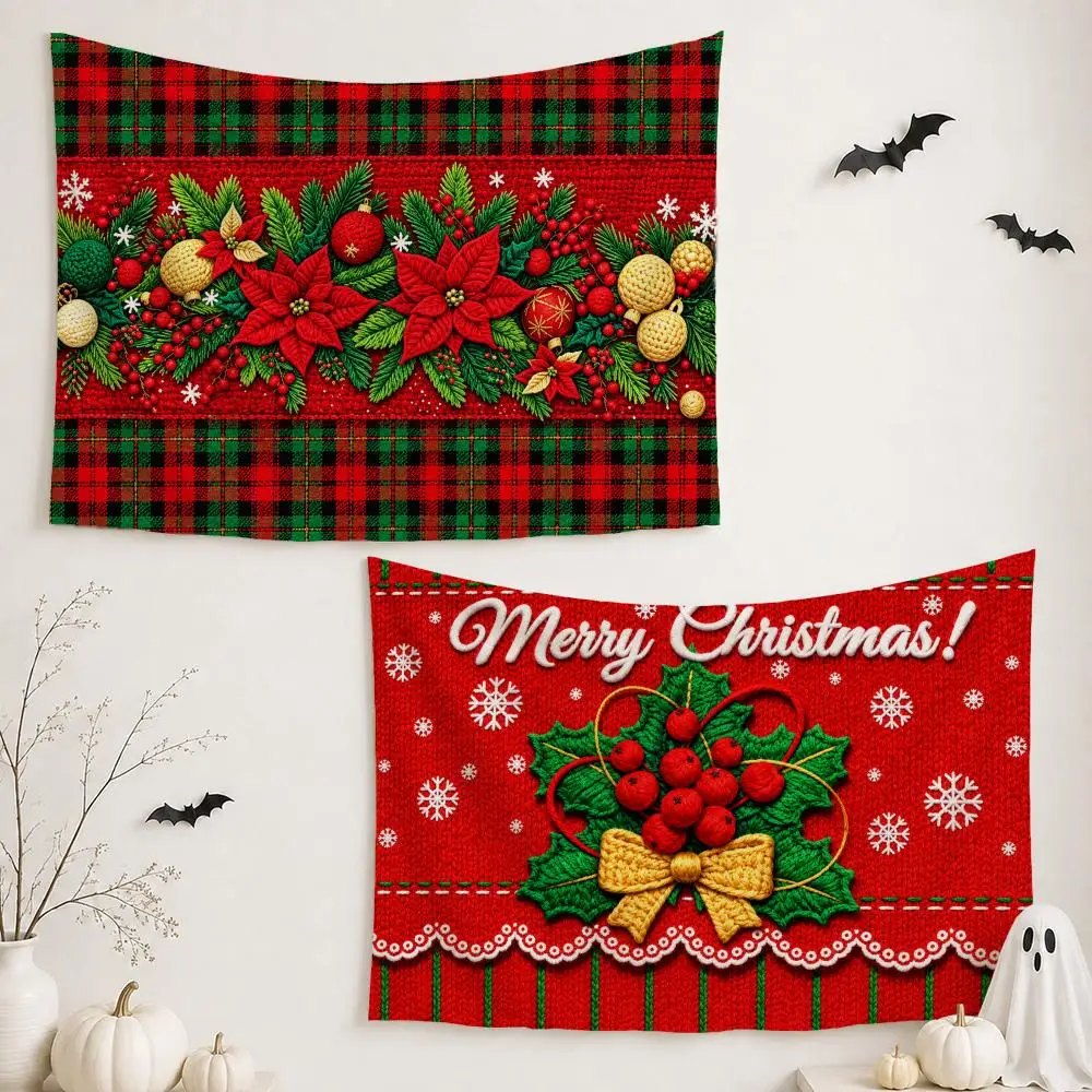 Vintage Xmas Knit Art Tapestry Custom Living Bedroom Party Dormitory Interior Wall Bohemian Decoration Attached Clip