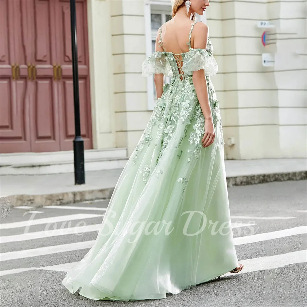 A Line Tulle Evening Dresses For Women Lace Applique Long Prom Dress Off Shoulder V Neck Formal Party Gowns robes de soirée