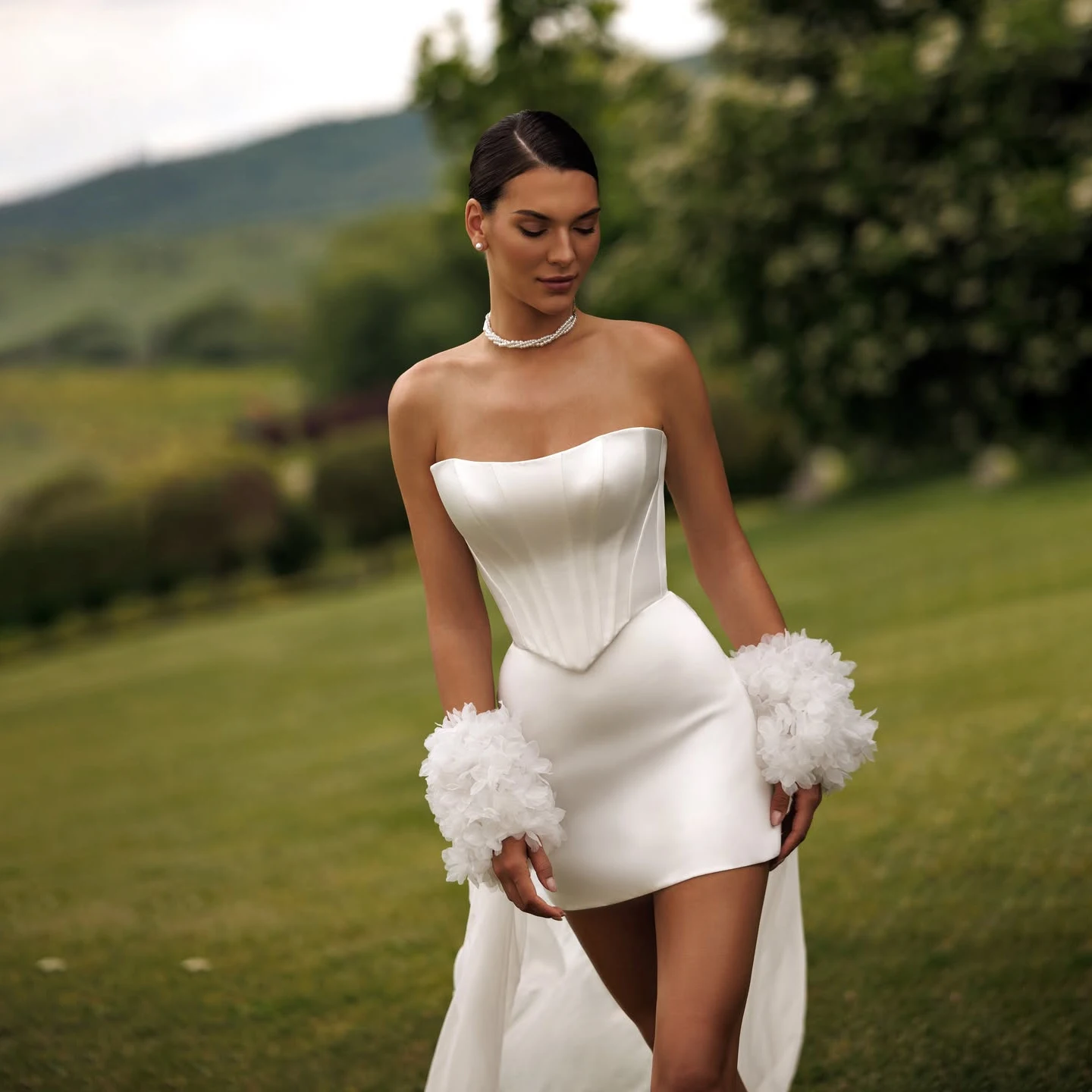 Strapless Mini Satin Wedding Gown Corset Detachable Floral Cuffs Lace Up Back Tulle Train Elopement Bridal Reception Custom Size
