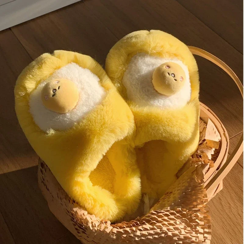 Cute Plush Slippers 2023 New Winter Women\'s Funny Egg Yolk Plush Cotton Slippers Casual Warmth Indoor Floor Warmth Home Shoes