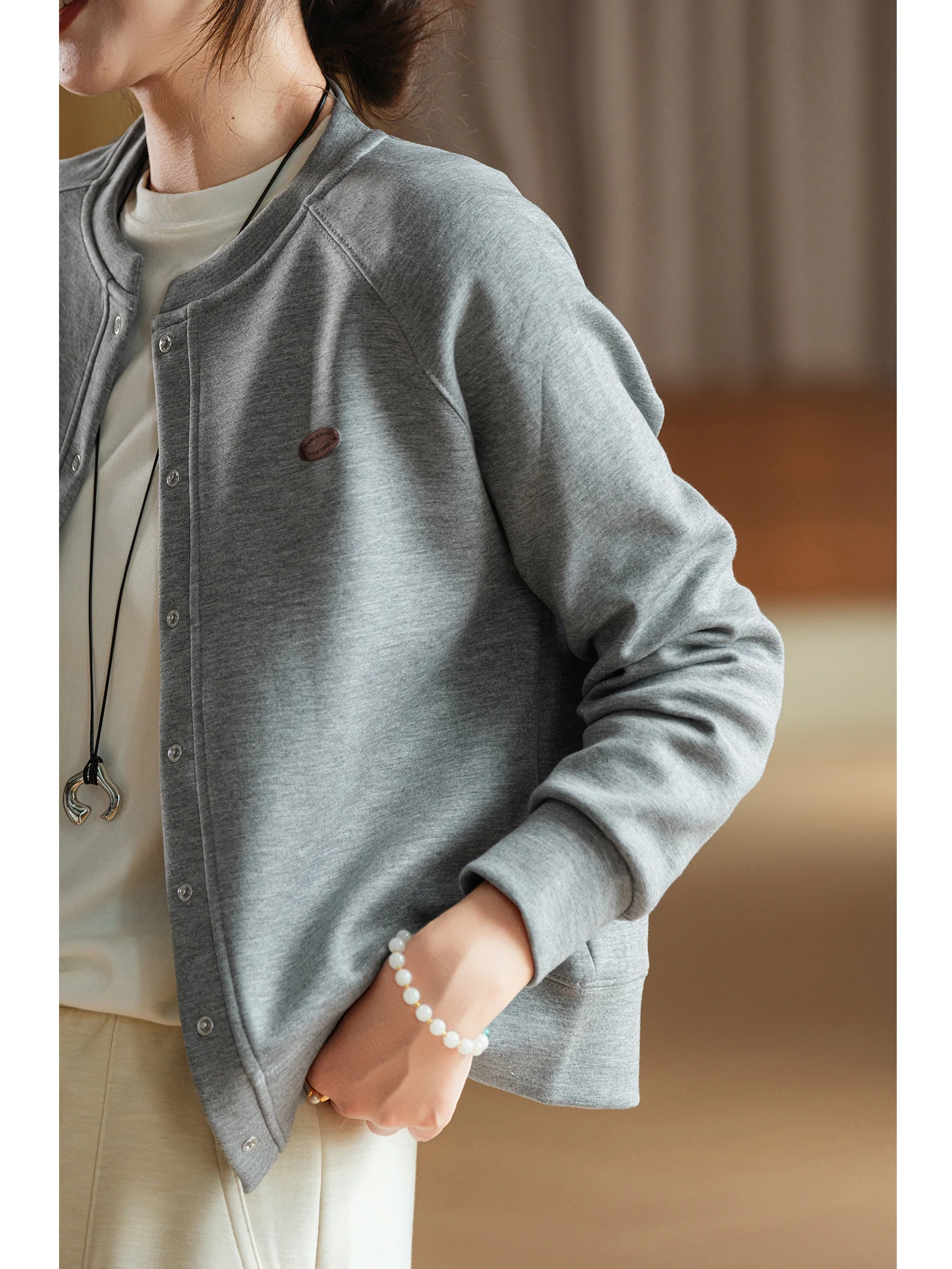 Soft Elastic Air Layer Cotton Thread Long Sleeve Outerwear Decorative Shoulder Strap Split Small Leather Label Casual Style W...