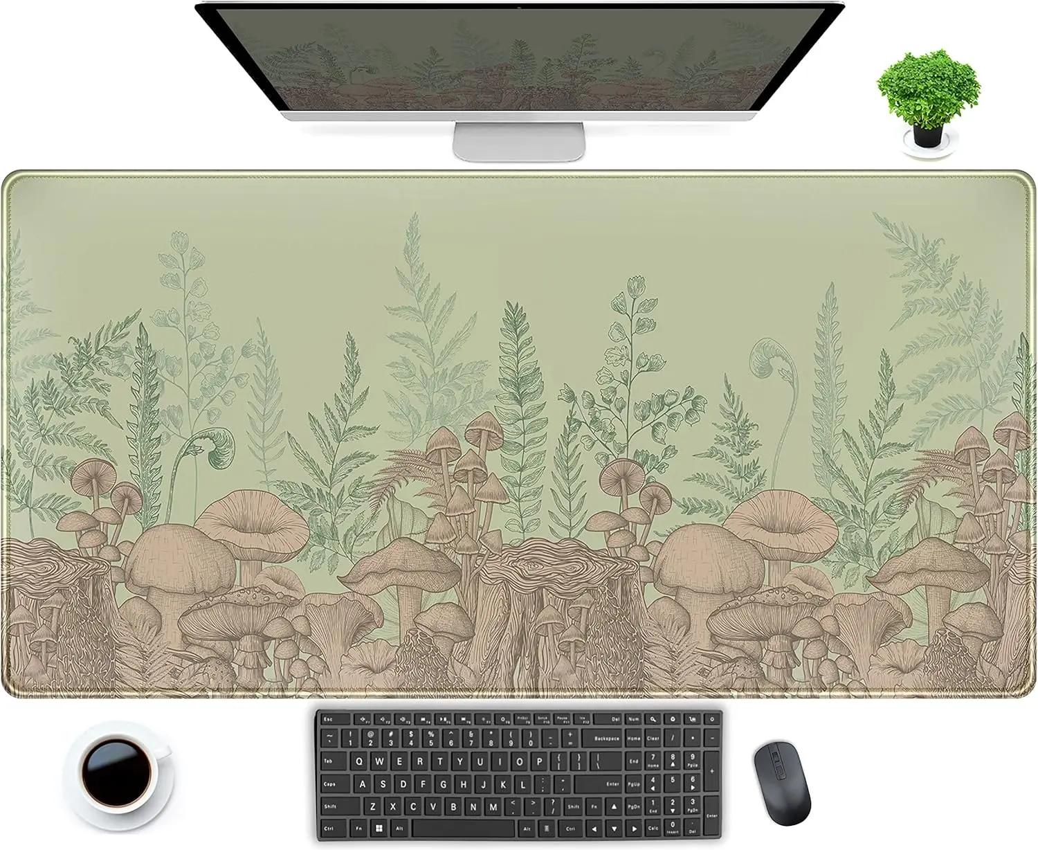 

Cute Green Leaves Mouse Pad Desk Mat Beige Forest Mushroom , Cool Keyboard Mouse Mat Desk Mats for Computer Laptop Women Desk