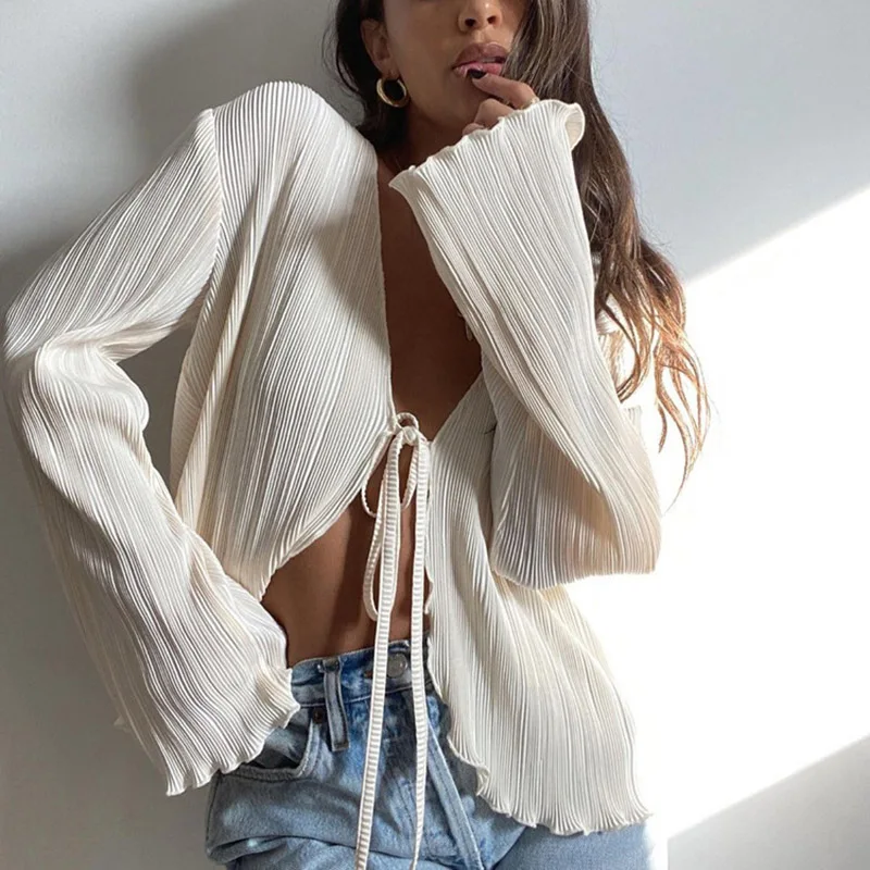 

2025 Women Pleated Plain Shirts Spring Fall Chic Long Flare Sleeve V- Neck Tie Up Cardigans Tops for Casual Party Street