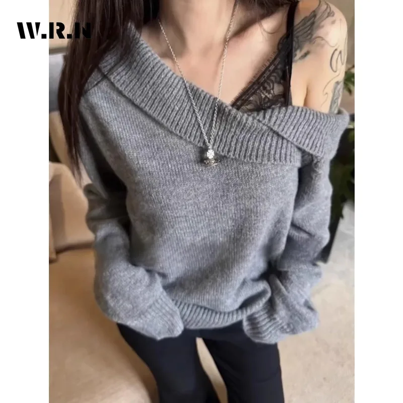 Winter Women Core Mori Girl Coquette Fake Two Pieces Knitwear Shoujo 2000s Aesthetic Sweater Gyaru Off Shoulder Long Sleeve Tops