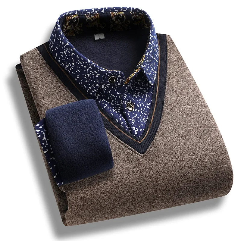 Mens Casual Fake Two Piece V Neck Knit Pullovers Contrast Speckle Dot Collar And Sleeves Skin Friendly Wrinkle Free Knit Shirts