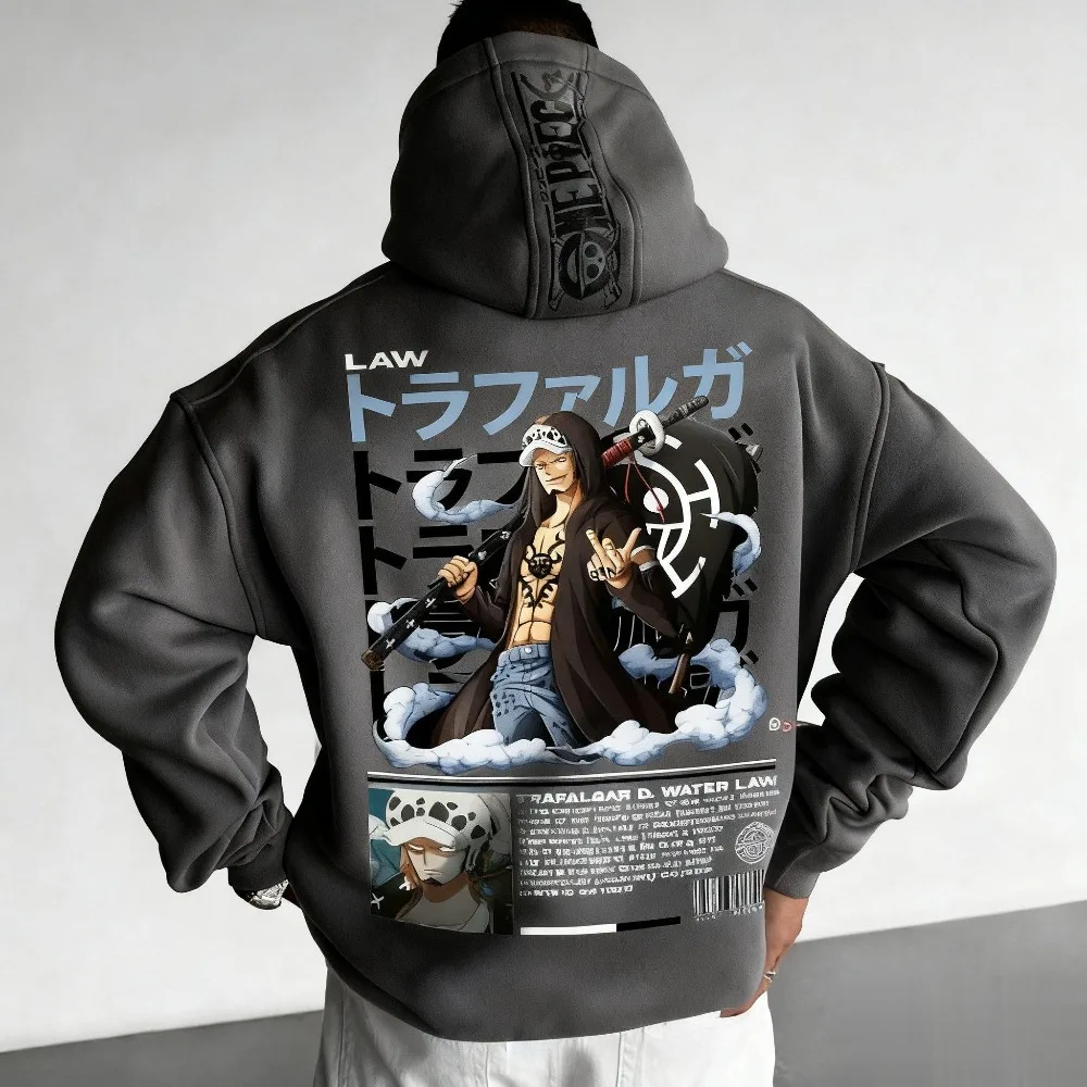 เสื้อฮู้ดลายการ์ตูนวันพีซ ตราฟัลการ์ ลอว์ สีดำ สไตล์ลำลองสำหรับผู้ชาย แฟชั่นใหม่ประจำปี 2025 สำหรับฤดูใบไม้ร่วงและฤดูหนาว