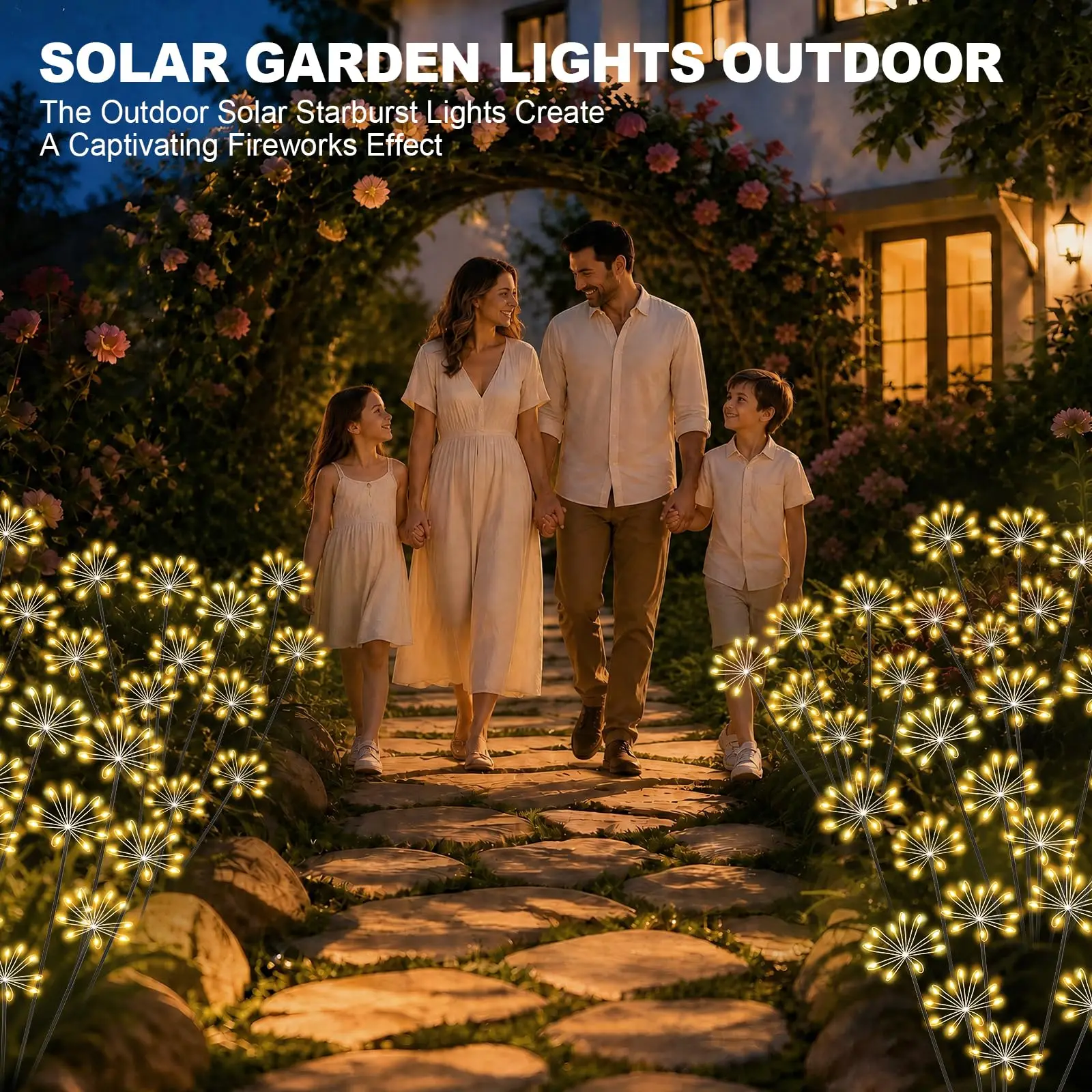 Solar Garden Lights Outdoor, Upgraded Solar Swaying Starburst Light Waterproof with 2 Modes, Solar Fairy Firework Lights for Yard Patio Pathway Flowerbed Balcony Garden Decoration(Warm White( 2 Pack)