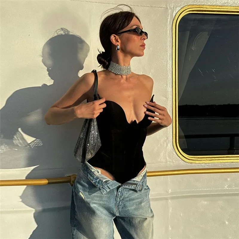 Women's Velvet Corset Bodysuit - Deep V Strapless Slim Waist Cinching Y2K Sexy Vintage Trendy All-Season Club Party Fashion tank