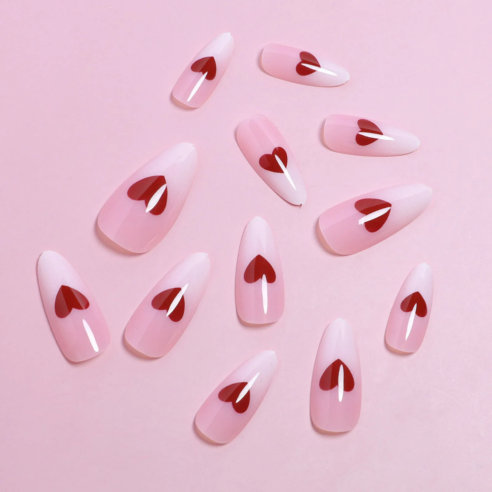 Almond Pink Press-on Nail Heart Print Gradient Color Removable Artificial Nail for Daily Lives Everyday Use