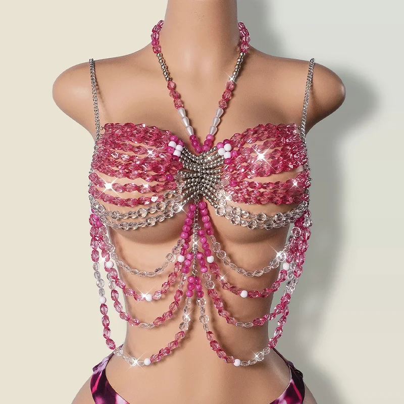 

2025 New Arrival Handmade Summer Female Pearl Beaded Bra Top Halter Beach Bralette Pink Crystal Bead Bikini