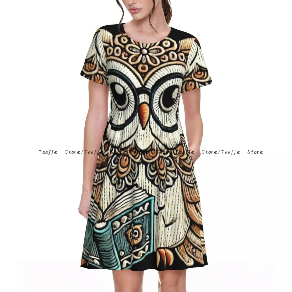 Women Dress Smart Owl Summer Elegant O Neck Short Sleeve Female Casual Loose Long Dress