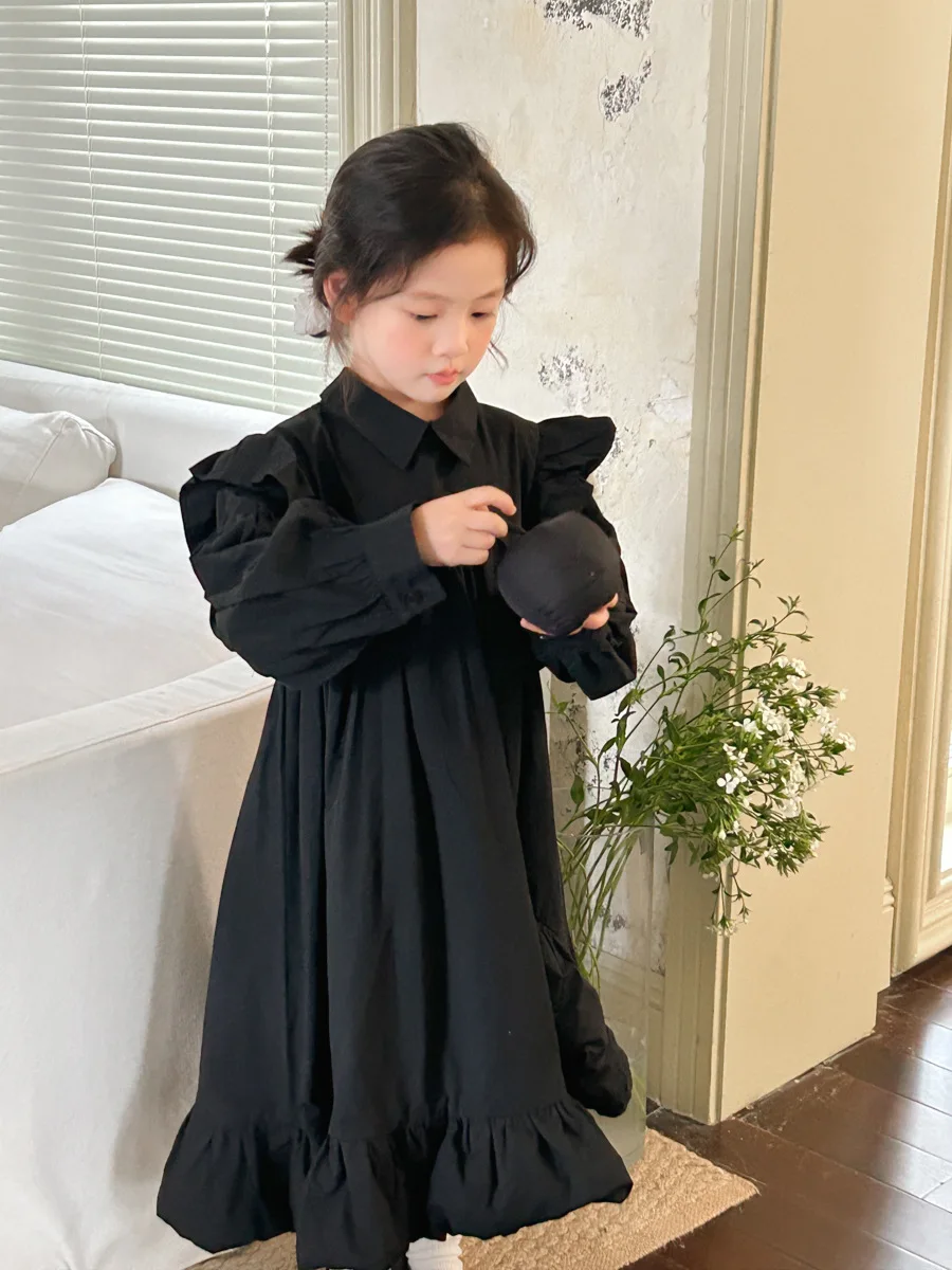 Girls Casual Dresses Children Autumn New Design Sense Easy Dress Girl Black Fashion Senior Long 2024 Simple Black