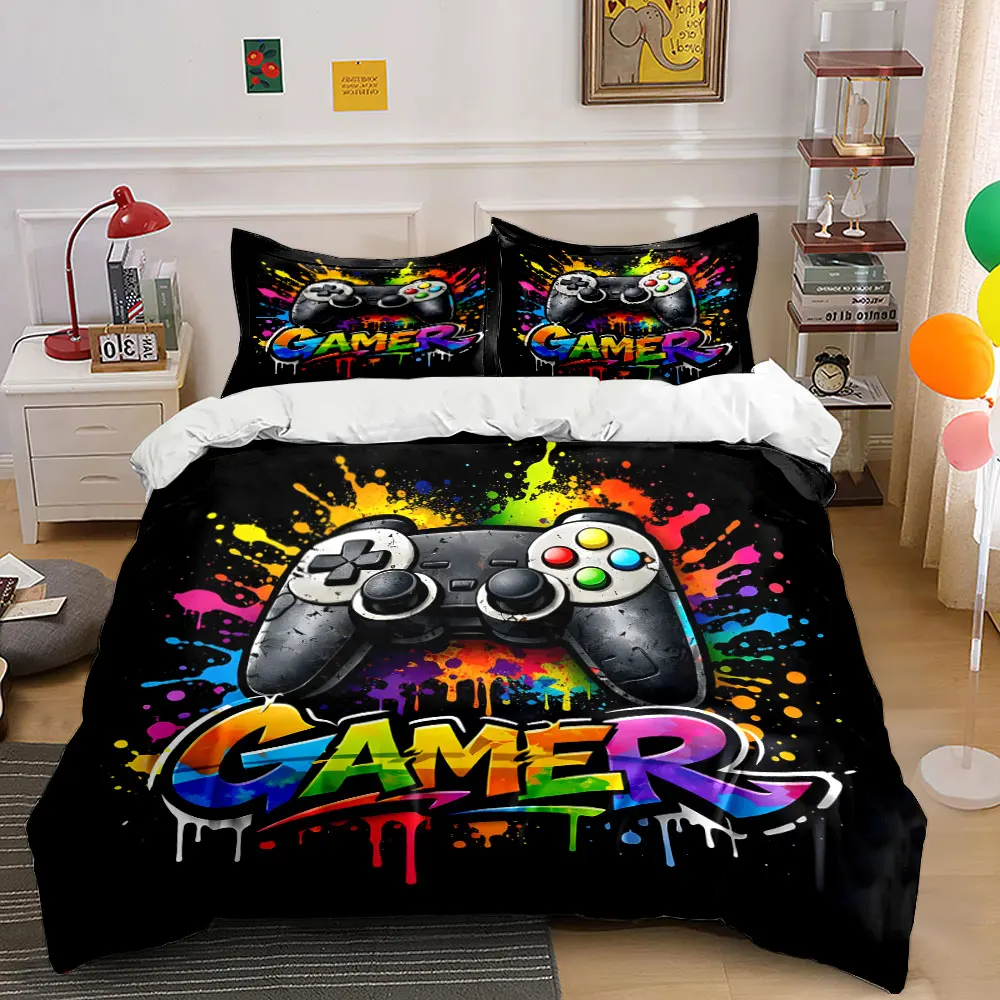 Colorful splatter game controller Bedding Set for Kids Luxury Gift 3pcs Digital Print Comforter Set Soft Comfortable Breathable