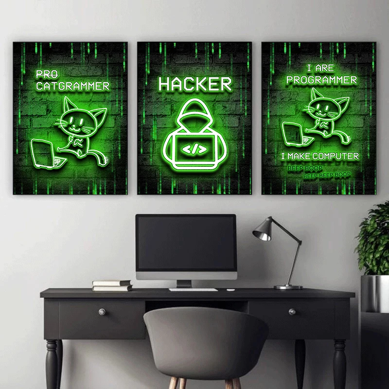 Neon Art Programmer Gamer Day Night Wall Art Poster Hacker Computer Hacking Metal Wall Sign per la decorazione domestica Picture