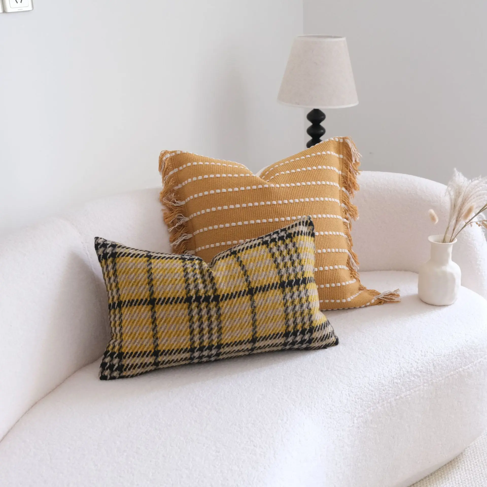 30x50/45x45cm Ins Style Yellow Plaid Fringed Lace Throw Pillow Waist Pillow Cover Sofa Cushion Hotel Bed Breakfast Pillowcase