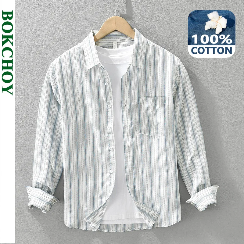 2024 Autumn New Fresh Striped 100% Cotton Shirts for Men Clothing Casual Slim Long Sleeve Men Shirts CM7351