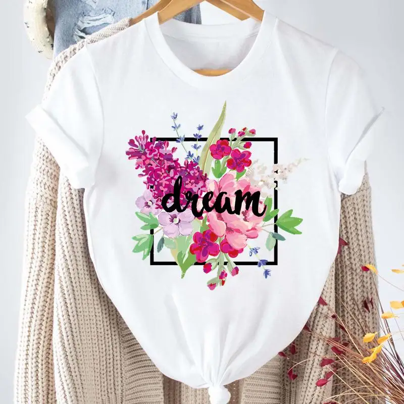 

Dream Flowers Graphic Print T-Shirt Women Clothes 2024 Tops Tshirt Floral Flower Spring Summer Fashion Short Sleeve Tees T-Shirt