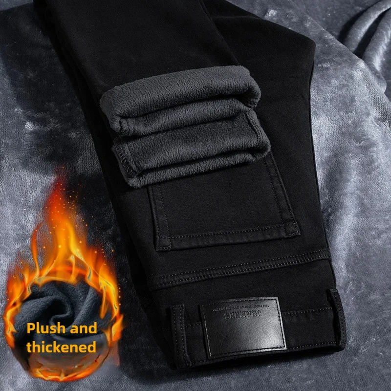 

Утолщенные брюки, мужские джинсы, осенне-зимний стиль, повседневные тонкие прямые брюки из хлопка, теплые длинные брюки высокого качества для мужчин