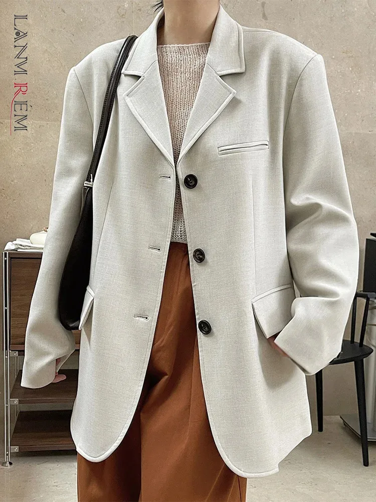 [LANMREM] Solid Loose Blazer For Women Notched Single Breasted Long Sleeve Office Lady Jackets Fashion 2024 Autumn New 26D942