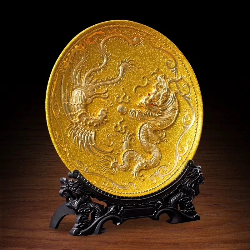 Dragon Phoenix Gold Plate Wedding Gift Xiamen Lacquer Thread Carving Ceramic Ornament Home Decor