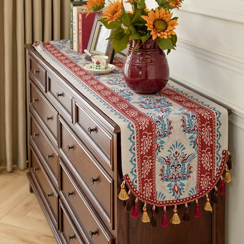 

Elegant Retro Tassel Table Runner With Floral Pattern, Friendly Cotton Blend, For Holiday Wedding Long Dining Tables