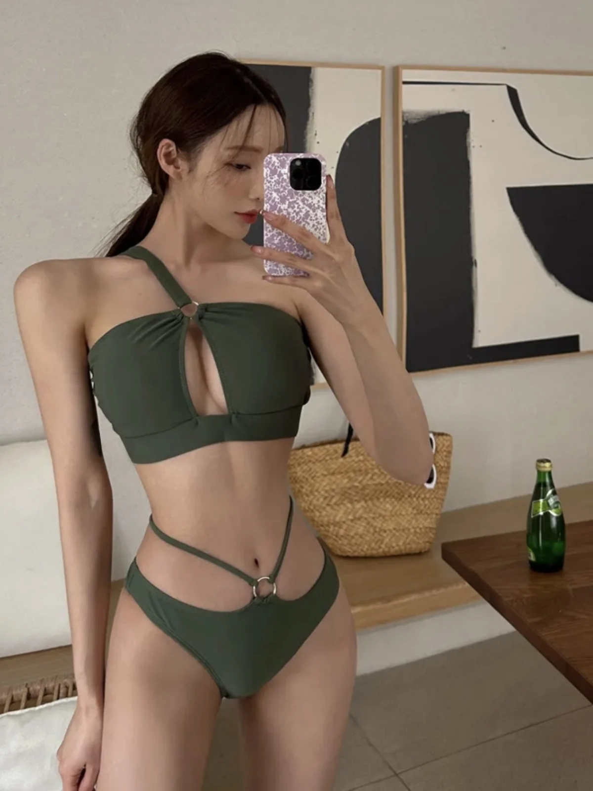 

Women's Sexy Single oulder Bikini e Swimsuit Slimming Separate Tee Point Thermal Spa Swimming Costume Coastal Time