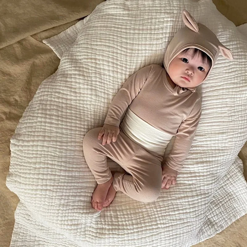 Cotton Baby Romper High Waist Pants Clothing Sets With Bunny Bonnet Infant Boys Girls Pajamas Sets Bodysuit Color Blocking