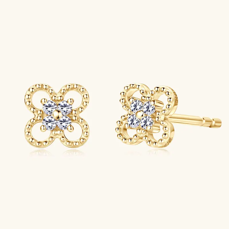 

HanYu Wholesale Jewelry Small Cute Classic Four Leaf Clover 1.1mm Moissanite Earrings 10k Gold Stud Earrings