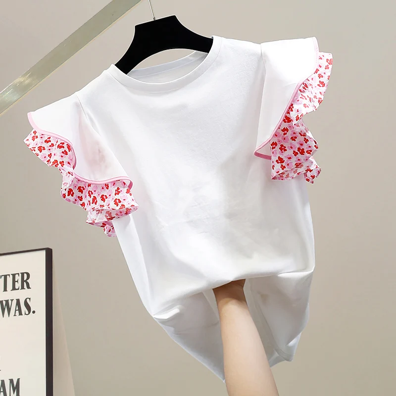 

Модная футболка с цветочным принтом и рюшами, повседневный топ с открытыми плечами, приталенный крой, корейский стиль, круглый вырез, хлопковая смесь