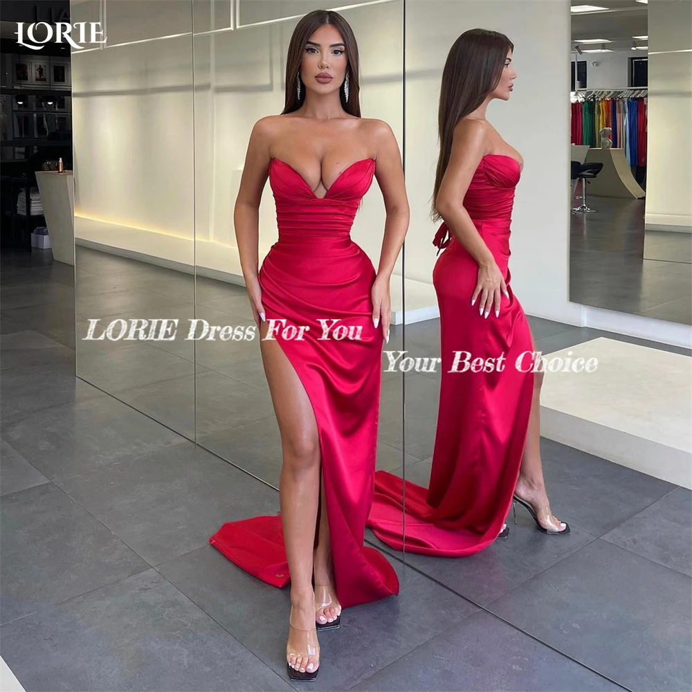 LORIE Red Sexy Mermaid Evening Dresses Off Shoulder V-Neck Side Slit Pleated Bride Prom Dress Arabia Shiny Satin Party Gowns